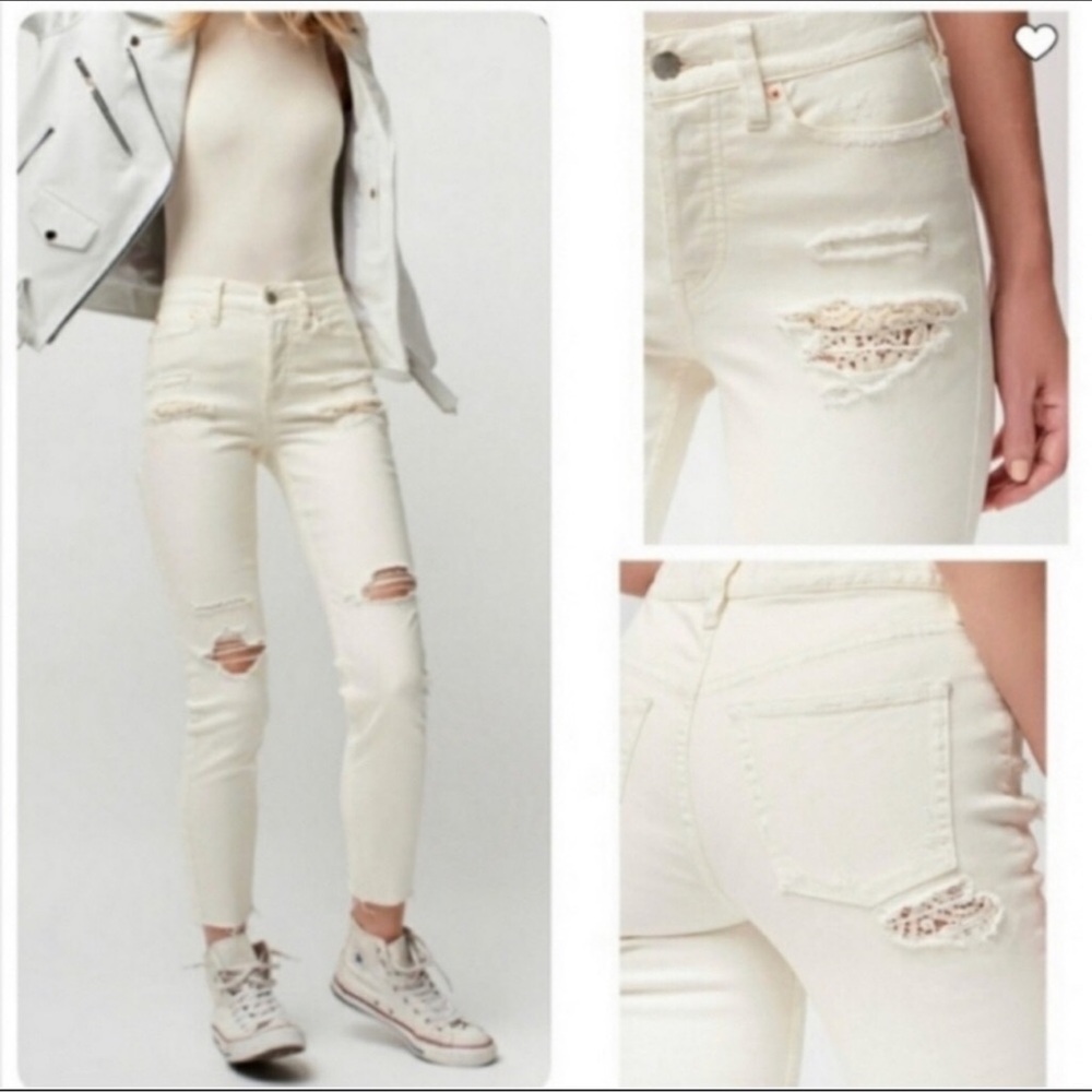 Free People Lacey Stilt Worn White Distressed Skinny Jeans 27